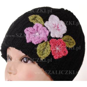 Komplet czapka + szalik naszyte kwiatki 033-01